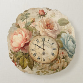Almofada Redonda Chique Vintage Blush Blue Rosas Floral