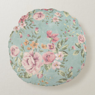 Almofada Redonda Chique vitoriano pálido azul-floral vermelho
