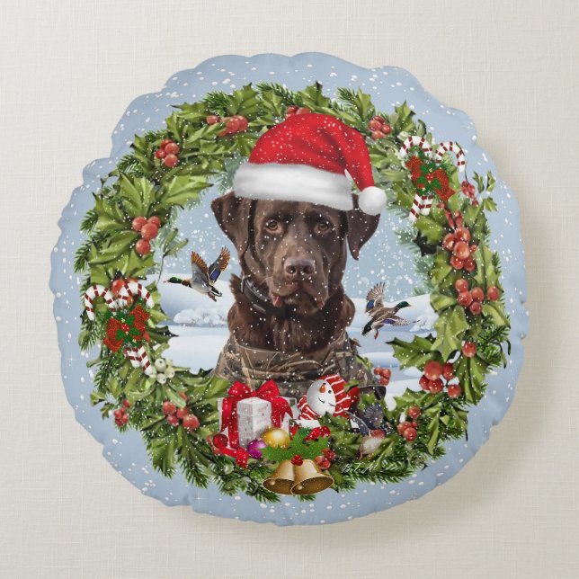 Almofada Redonda Chocolate Labrador Retriever, terra de Natal (Frente)
