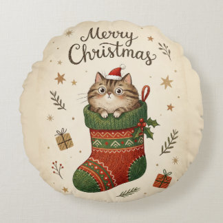 Almofada Redonda Christmas Cat in Stocking