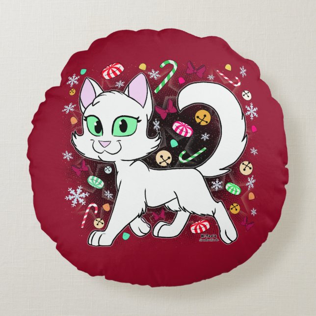 Almofada Redonda Christmas Cat Round Pillow (Red) (Frente)
