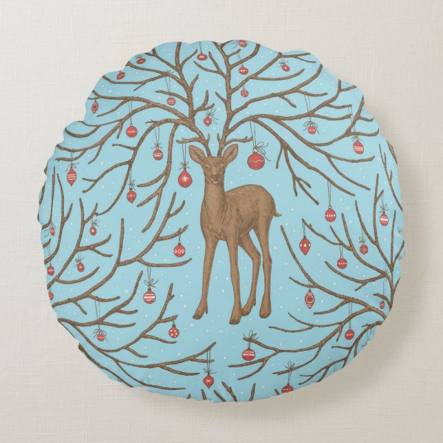 Almofada Redonda Christmas deer on blue (Frente)