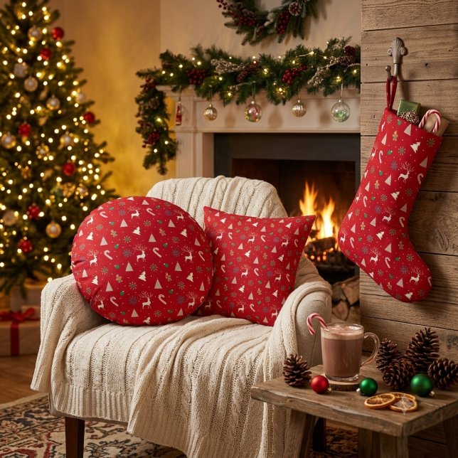 Almofada Redonda Christmas Gift Wrap — Reindeer, Gingerbread (Criador carregado)