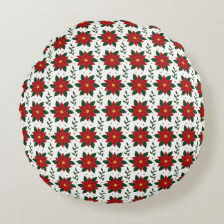 Almofada Redonda Christmas Poinsettia Floral Pattern | Red Green