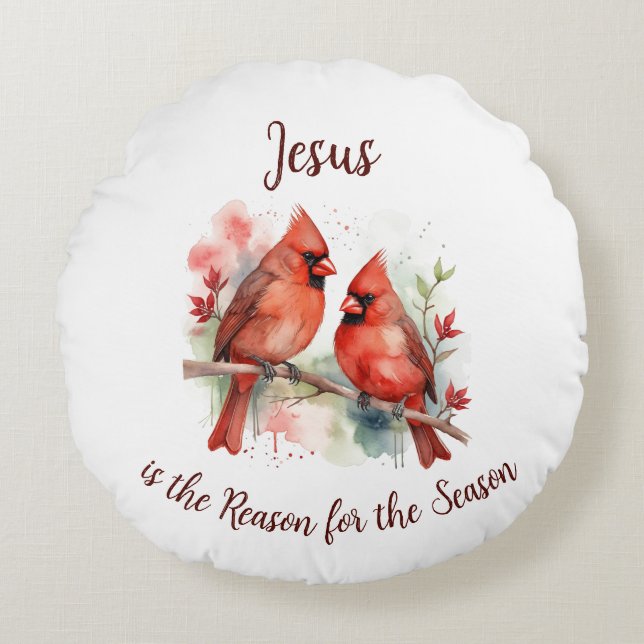 Almofada Redonda Christmas Red Cardinal Jesus Reason for Season (Frente)