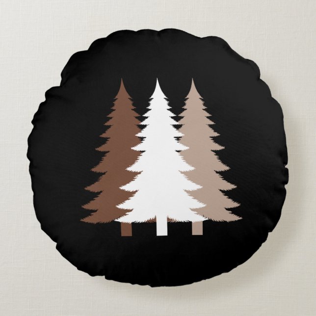 Almofada Redonda Christmas Trees In White & Chocolate Brown Tones (Frente)
