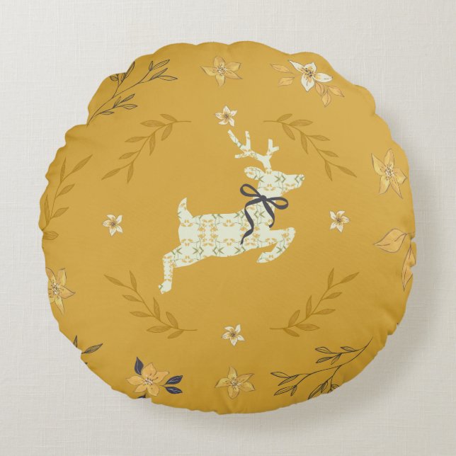 Almofada Redonda Christmastime Deer Yellow Floral (Frente)