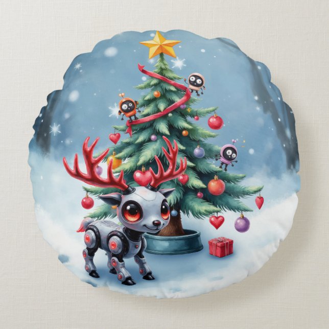 Almofada Redonda Ciberpunk Reindeer bonito com Árvore de Natal (Frente)