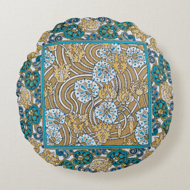 Almofada Redonda ciclamen azul arte nova flor botânica (Frente)