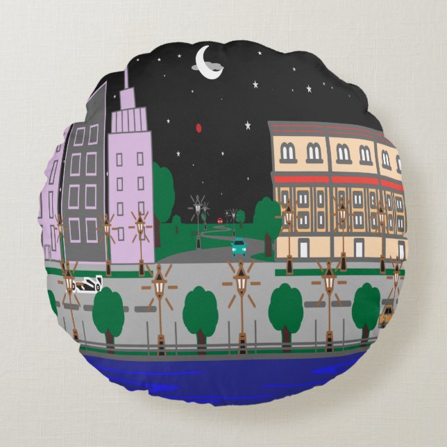 Almofada Redonda Cidade Noturna (Frente)