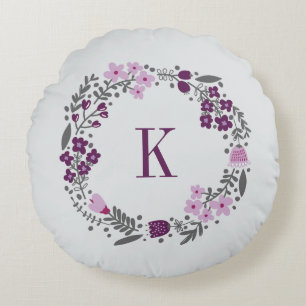 Almofada Redonda Cinza de ameixa Floral Personalizada Monograma