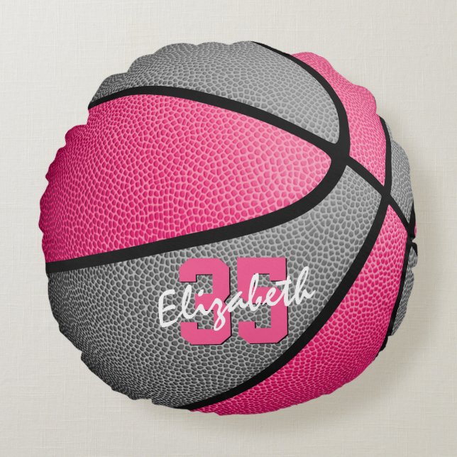 Almofada Redonda cinza rosa giro esportivo personalizado basquete (Frente)