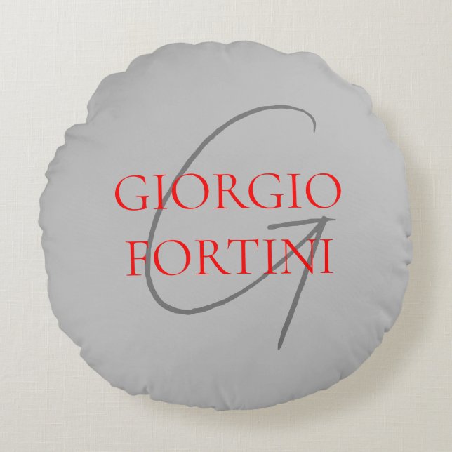 Almofada Redonda Cinza Vermelho Seu Nome Monograma Inicial Moderno (Frente)