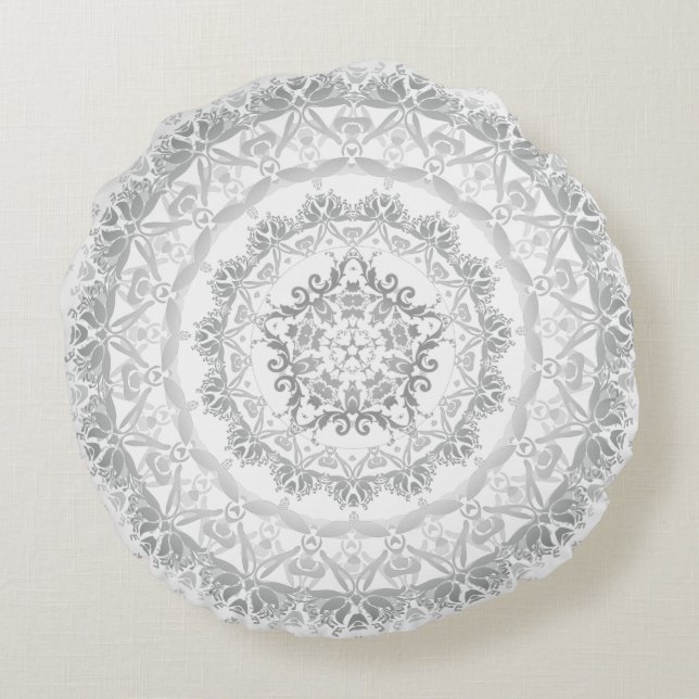 Almofada Redonda Cinza White Floral Damask Mandala (Verso)