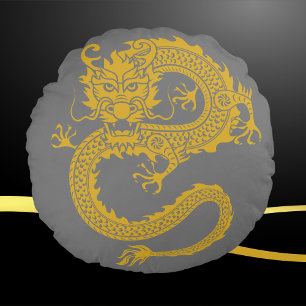 Almofada Redonda Cinzas, Dourado e preto, Dragão Chinês Zodiac