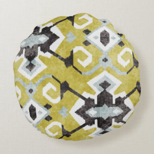 Almofada Redonda Cinzas escuras boho e padrão tribal amarelo ikat