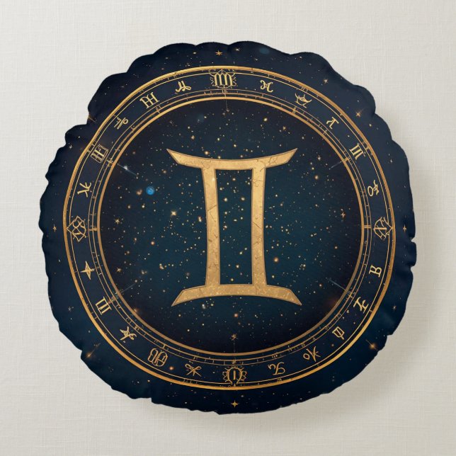 Almofada Redonda Círculo Zodiacal Gêmeos Dourados Com Noite Estrela (Frente)