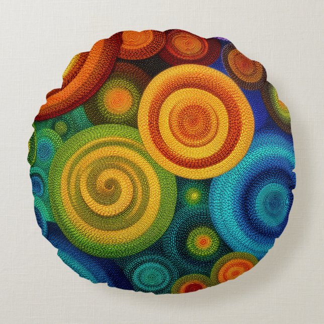 Almofada Redonda Círculos concêntricos abstratos em multicolor vibr (Frente)