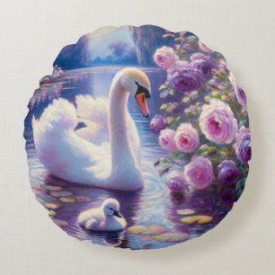 Almofada Redonda Cisne branco e Cygnet com Rosas roxos