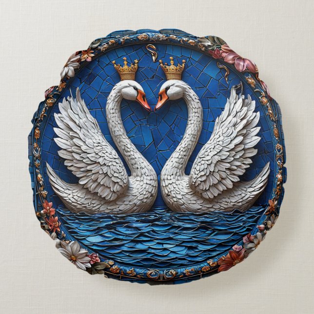 Almofada Redonda Cisnes Coroados Florais Casamento Romântico Elegan (Frente)
