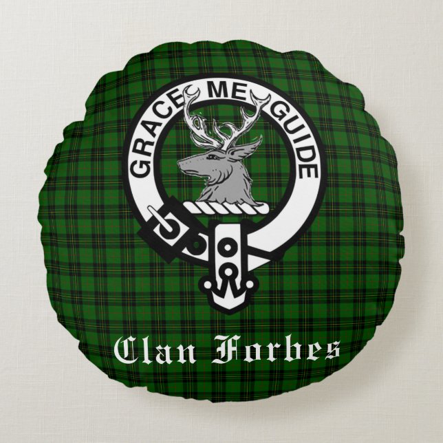 Almofada Redonda Clan Forbes Tartan e Crachá Crest (Frente)