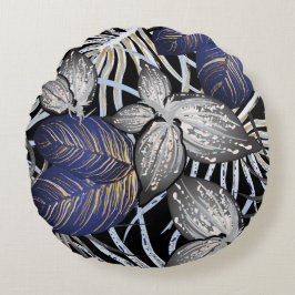 Almofada Redonda Classe Tropical é azul, prateada e Dourada