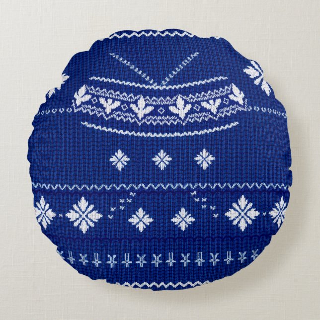 Almofada Redonda Classic Cobalt Blue & White Nordic Snowflake Knitt (Frente)