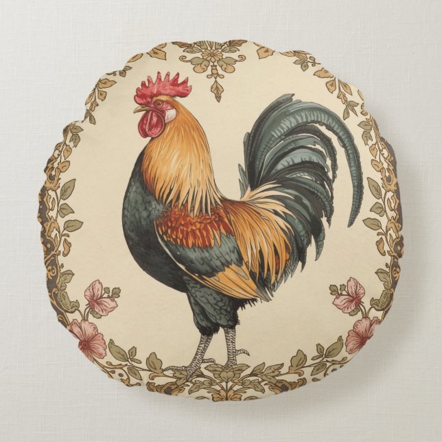 Almofada Redonda Classic,Rooster , Flowers Pattern, Vintage (Frente)