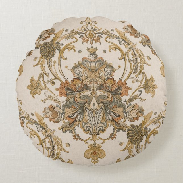 Almofada Redonda Clássico, Ornamento Luxuoso, Bege Dourado Cinza (Frente)