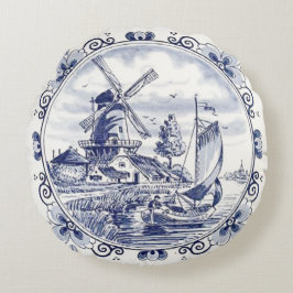 Almofada Redonda Clássico Vintage Chic Dutch Windmill Delft Blue
