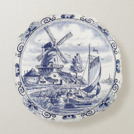 Almofada Redonda Clássico Vintage Chic Dutch Windmill Delft Blue