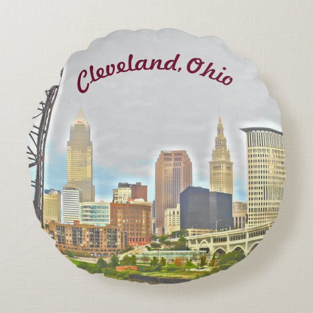 Almofada Redonda Cleveland, Ohio River Skyline Round Travesseiro (Frente)