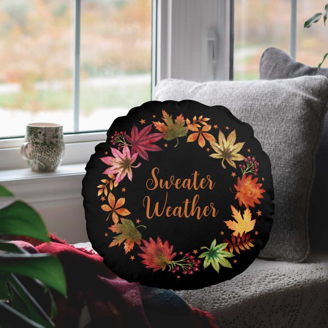 Almofada Redonda Clima Doce outono queda de outono deixa ondas (Sweather Weather Autumn Fall Leaves Wreath Round Pillow)