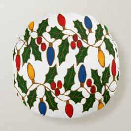 Almofada Redonda Cloisonne Art Christmas Lights and Holly