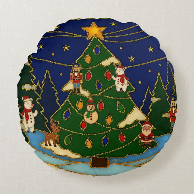 Almofada Redonda Cloisonne Art Whimsical Forest Classic Christmas  (Frente)
