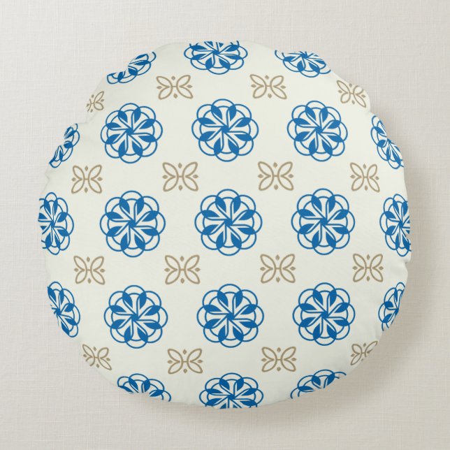 Almofada Redonda Cobalt Blue & Gold Floral Design Round Pillow (Frente)