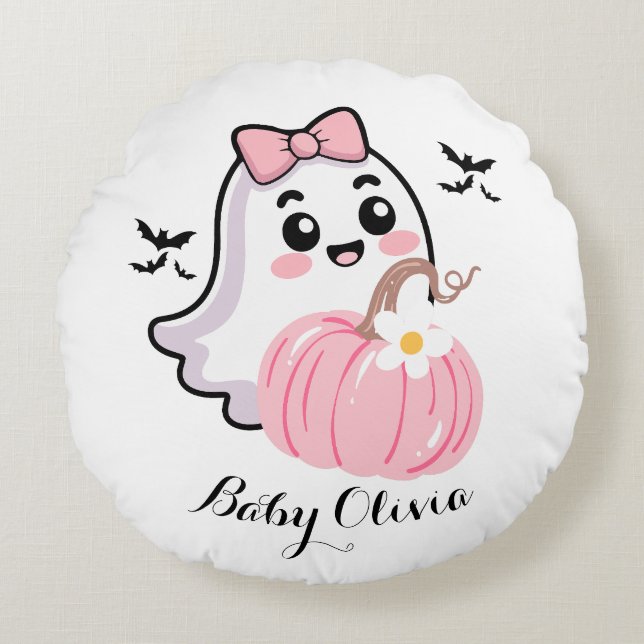 Almofada Redonda cobertor bonito de halloween, abóbora-arco rosa-fa (Frente)