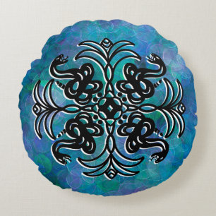 Almofada Redonda Cobra Mandala Preto e Azul Tribal