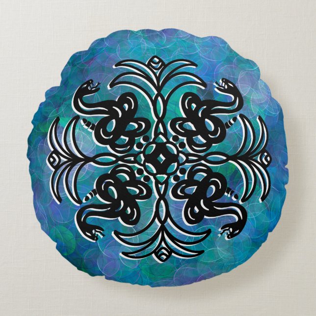 Almofada Redonda Cobra Mandala Preto e Azul Tribal (Frente)