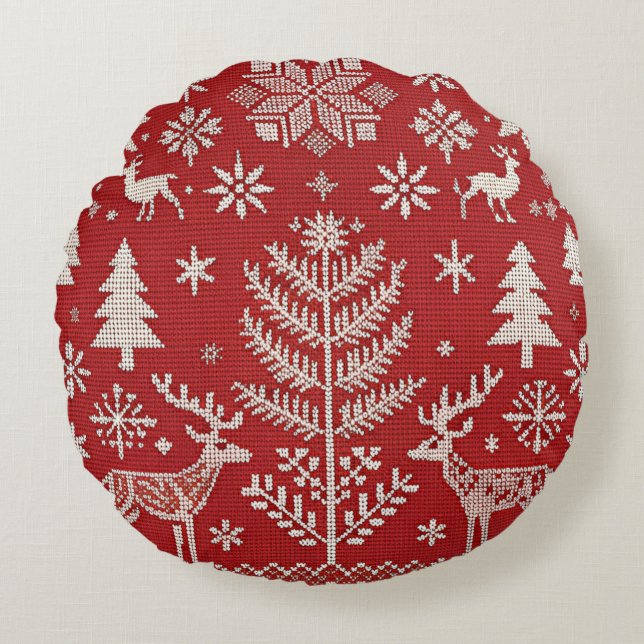 Almofada Redonda Cobrir Bordado de Natal Nórdico (Frente)