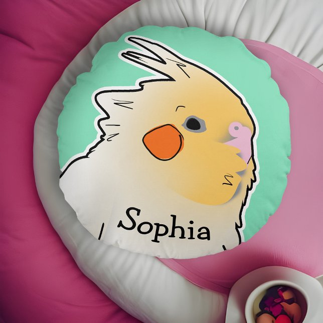 Almofada Redonda Cockatiel Kids Pet Bedroom Decor Verde (Cockatiel kids' personalized pet bird pillow)