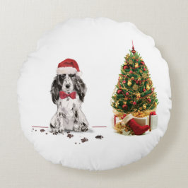Almofada Redonda Cocker Spaniel Engraçado Cachorro de Natal com Árv