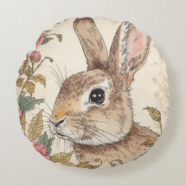 Almofada Redonda Coelho Vintage, Coelho Bunny Fofo, Padrão de Flore