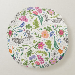 Almofada Redonda Coelhos, Borboletas e Flores