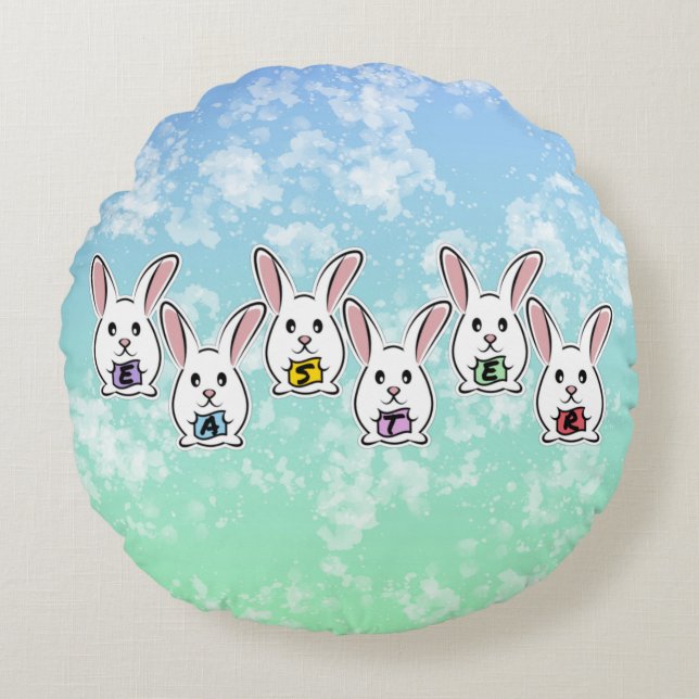 Almofada Redonda Coelhos de Páscoa em Forma de Ovo (Frente)