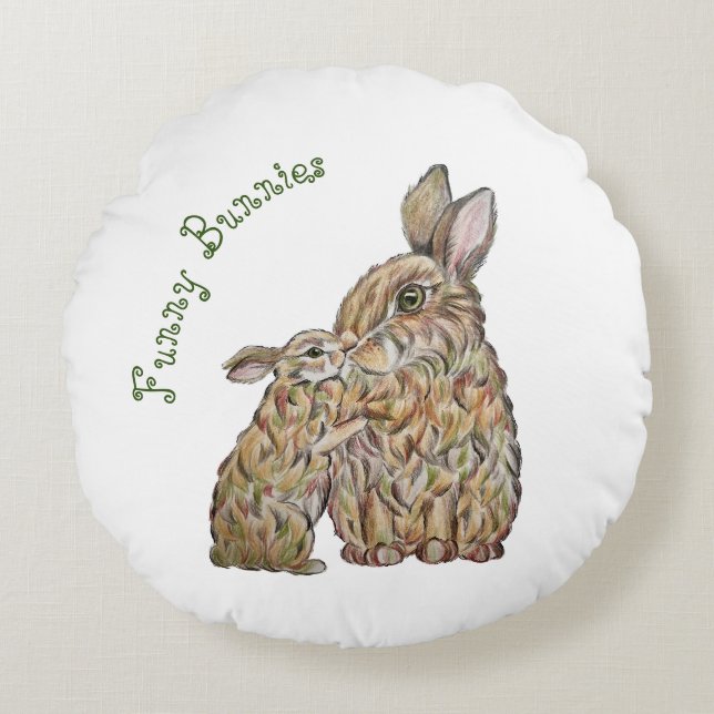 Almofada Redonda Coelhos engraçados. desenho do lápis (Frente)