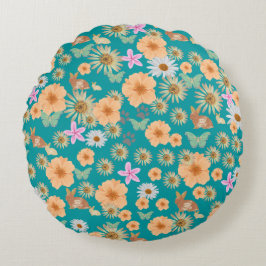 Almofada Redonda Coelhos florais com padrão azul adorável