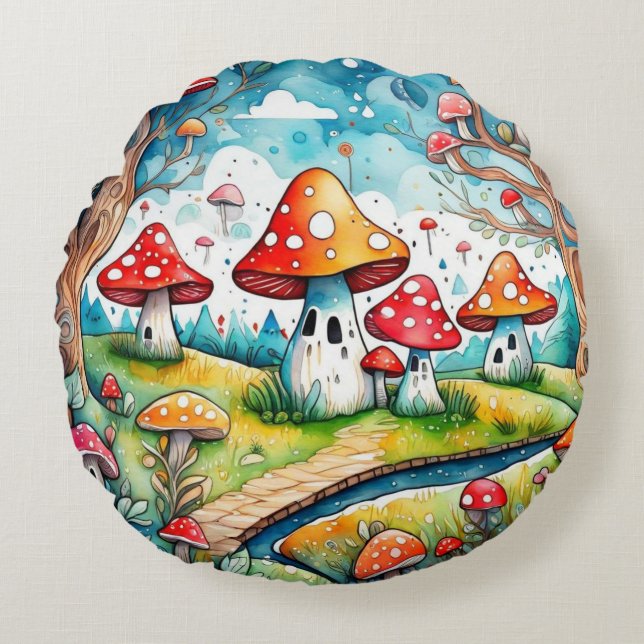 Almofada Redonda Cogumelos brancos folhas design (Frente)