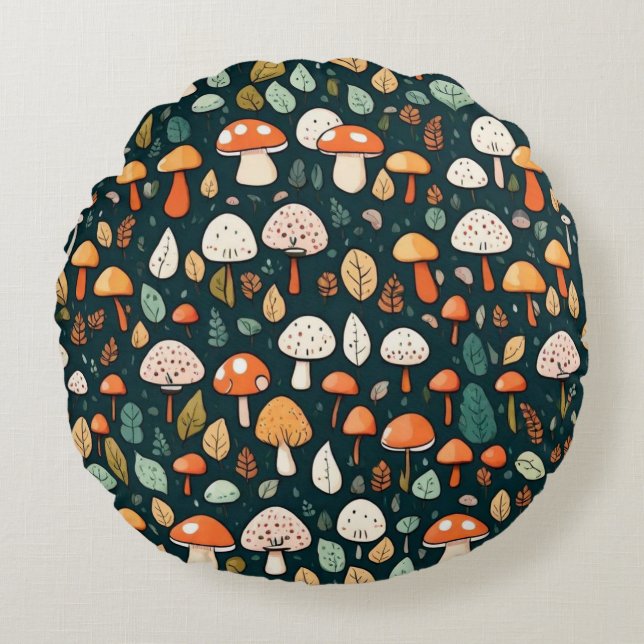 Almofada Redonda Cogumelos brancos folhas design (Frente)