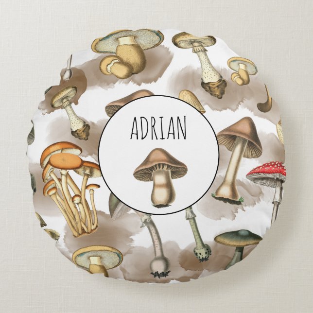 Almofada Redonda Cogumelos Florestais Personalizados  (Frente)